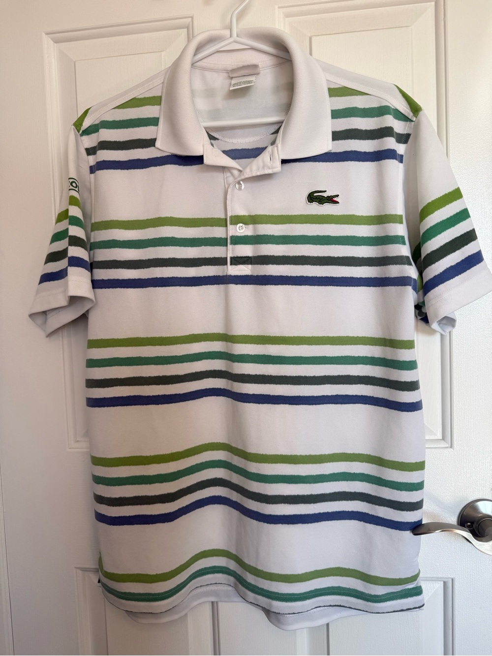 Lacoste White Polo with Green and Blue Stripes - men’s size XL